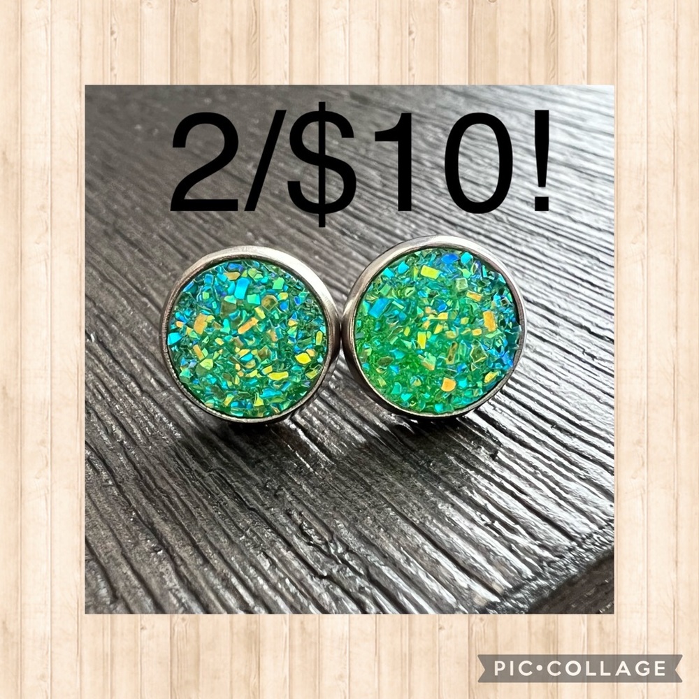 Faux Druzy 10mm stud earrings, mermaid blue/green, stainless back. BUNDLE/SAVE!